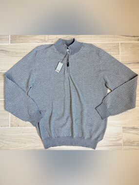 New Canali Mens 56 XL Gray Basketweave 100% Merino Wool Quarter Zip Sweater NWT